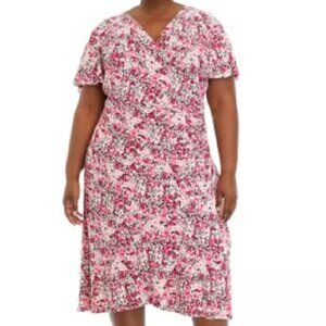 Anne Klein floral Cherry Blossom faux wrap short sleeve ruffle midi dress sz 3X